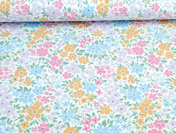 Baumwolljersey Pastell Blumenwiese Cremeweiss
